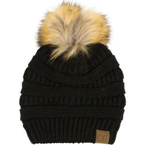 Fur Pom Winter Fall Trendy Chunky Stretchy Cable Knit Beanie Hat